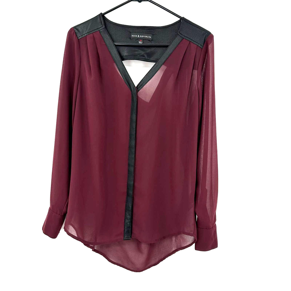 Rock & Republic size XS long sleeve blouse top shirt red burgundy semi sheer